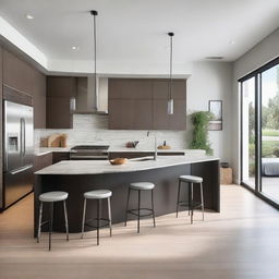 A modern kitchen redesign featuring sleek cabinets, a large island with bar stools, stainless steel appliances, and marble countertops