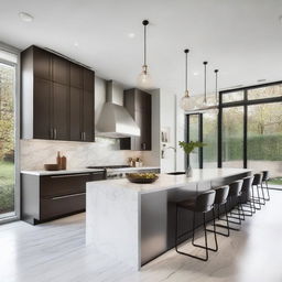 A modern kitchen redesign featuring sleek cabinets, a large island with bar stools, stainless steel appliances, and marble countertops