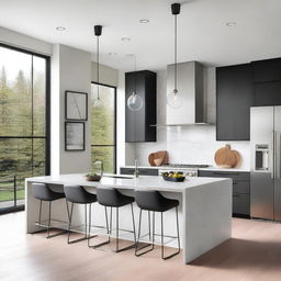 A modern kitchen redesign featuring sleek cabinets, a large island with bar stools, stainless steel appliances, and marble countertops