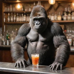 A gorilla dressed in a bartender's attire, skillfully mixing drinks behind a bustling and elaborate bar.