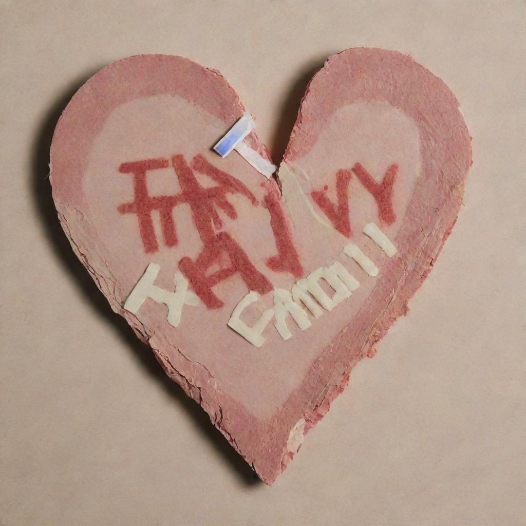 A vivid image of a shattered heart mended with two Band-Aids crossing each other. One bearing the name 'Kathleen Lynn Barnes' and the other reading 'Family'.