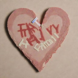 A vivid image of a shattered heart mended with two Band-Aids crossing each other. One bearing the name 'Kathleen Lynn Barnes' and the other reading 'Family'.