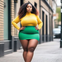 A curvaceous woman with wide hips and thick thighs wearing a mini skirt