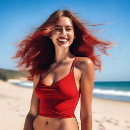 A sexy woman in a red swimsuit posing confidently