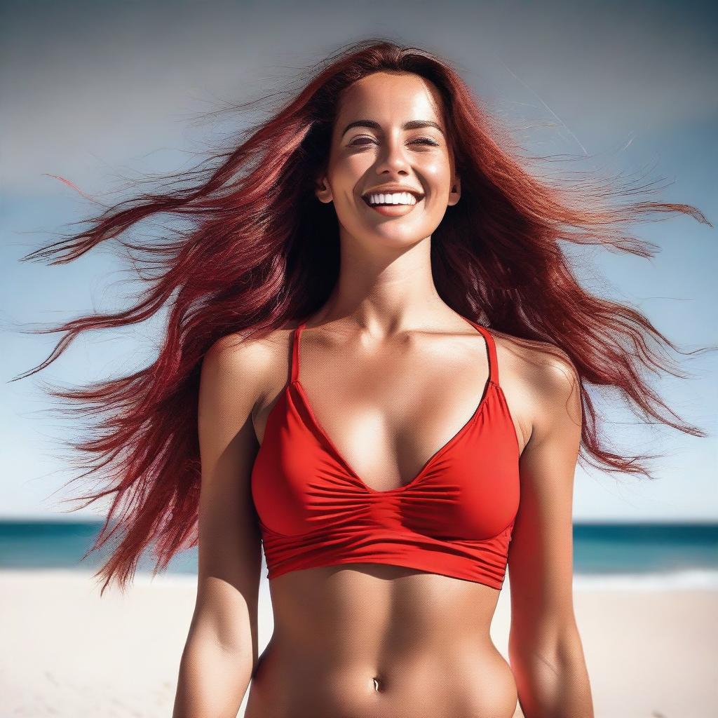 A sexy woman in a red swimsuit posing confidently