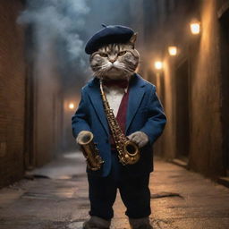 A cool cat character, wearing a beret and playing a saxophone in a dimly lit alley, a swirl of smoke encircling it from an old-fashioned cigar.