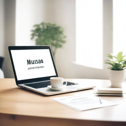 Create a modern and clean background with a blurred minimalist desk setup featuring a laptop, a coffee or tea cup, and some books or notebooks