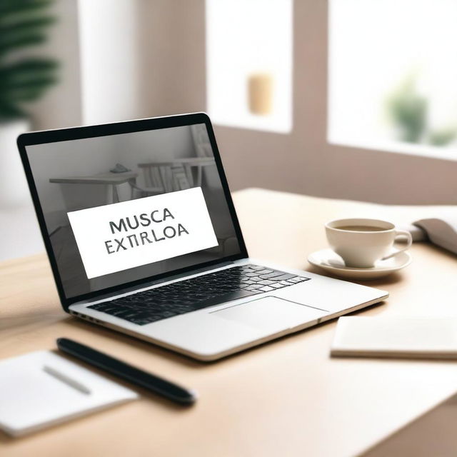 Create a modern and clean background with a blurred minimalist desk setup featuring a laptop, a coffee or tea cup, and some books or notebooks