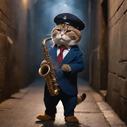 A cool cat character, wearing a beret and playing a saxophone in a dimly lit alley, a swirl of smoke encircling it from an old-fashioned cigar.