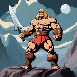 A powerful He-man barbarian, standing tall with a muscular build, wielding a massive sword