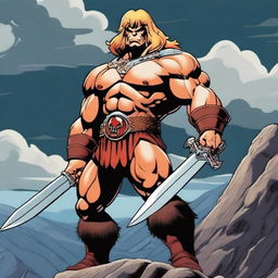 A powerful He-man barbarian, standing tall with a muscular build, wielding a massive sword