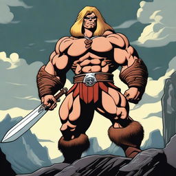 A powerful He-man barbarian, standing tall with a muscular build, wielding a massive sword