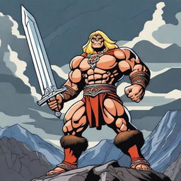 A powerful He-man barbarian, standing tall with a muscular build, wielding a massive sword