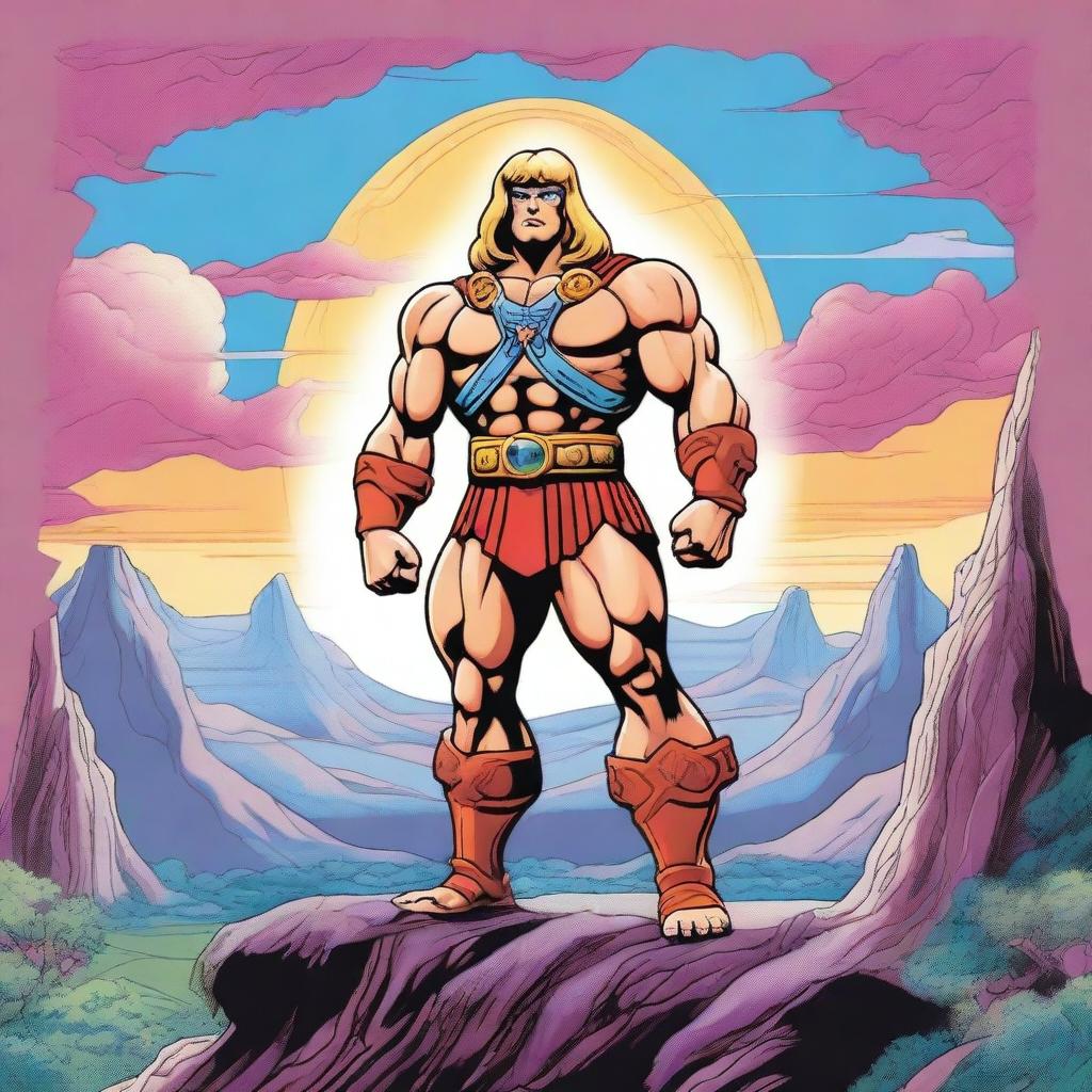 A detailed illustration of He-man, the iconic character from the Masters of the Universe series, standing in a heroic pose