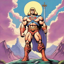 A detailed illustration of He-man, the iconic character from the Masters of the Universe series, standing in a heroic pose