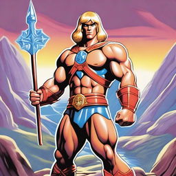 A detailed illustration of He-man, the iconic character from the Masters of the Universe series, standing in a heroic pose