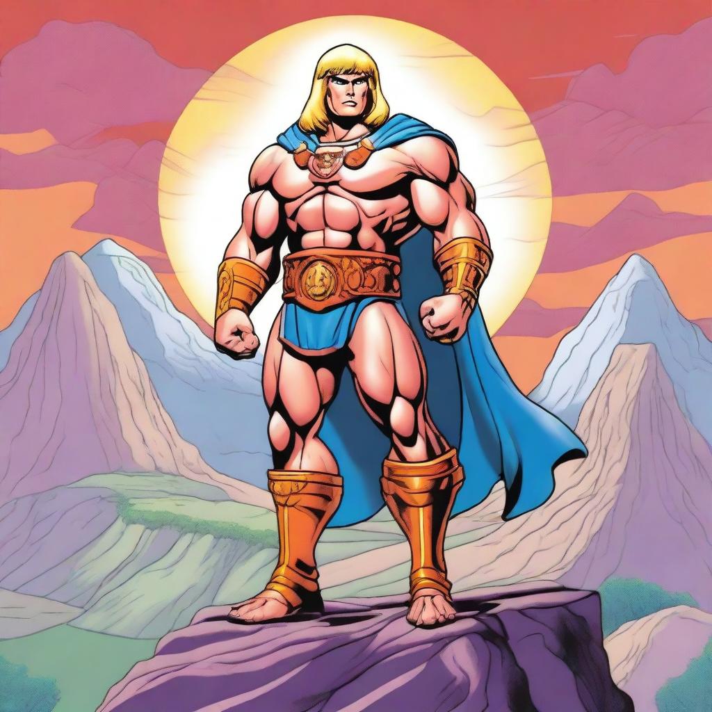 A detailed illustration of He-man, the iconic character from the Masters of the Universe series, standing in a heroic pose