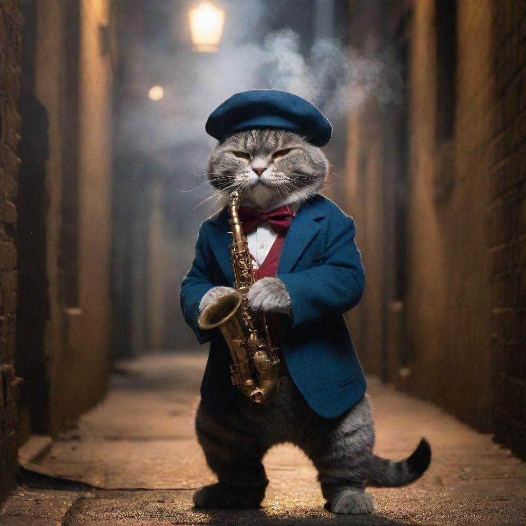 A cool cat character, wearing a beret and playing a saxophone in a dimly lit alley, a swirl of smoke encircling it from an old-fashioned cigar.