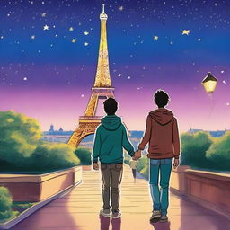 Under a starry sky, Lucas and Gabriel, two teenagers, walk side by side, their hands intertwined, reflecting the bond and affection that unites them