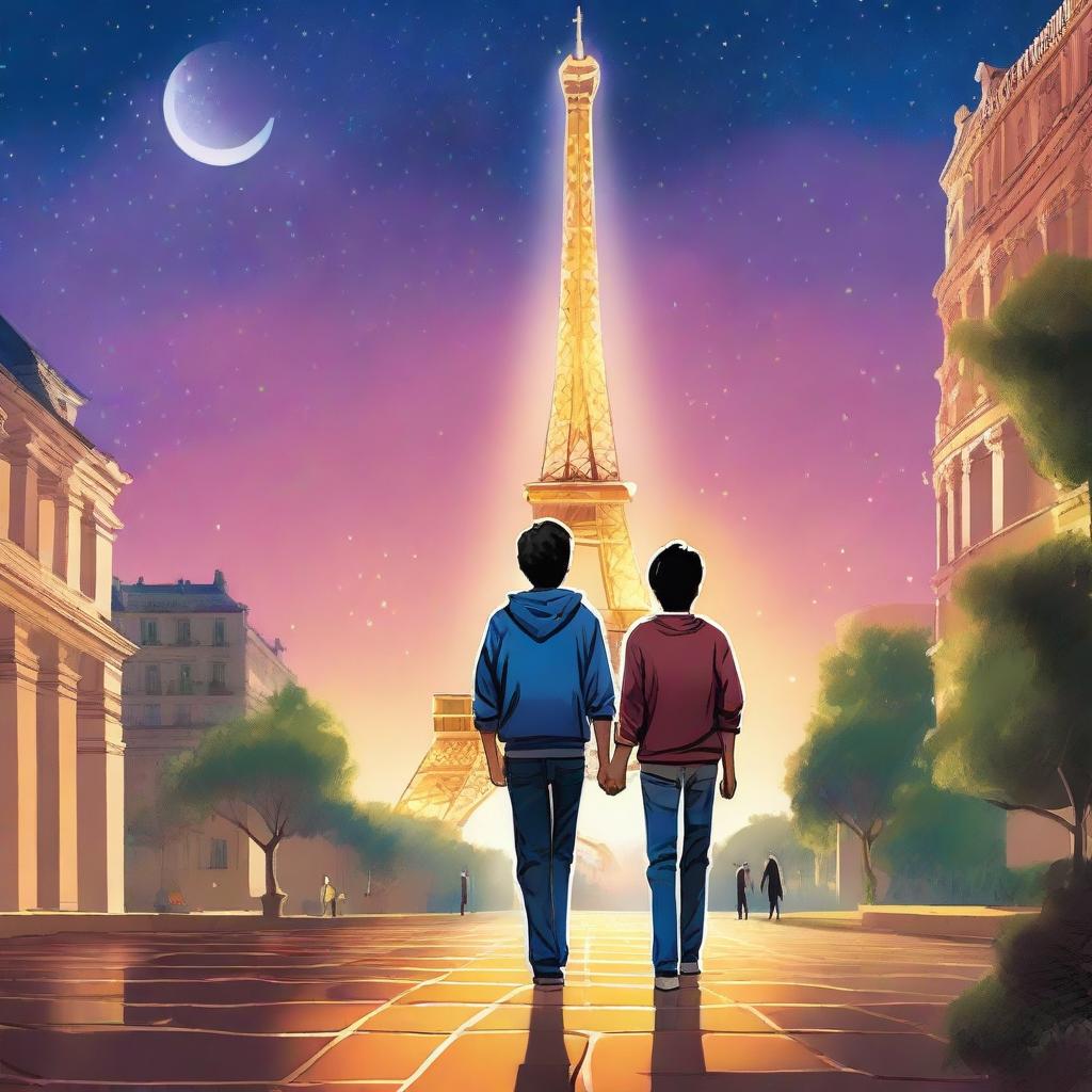 Under a starry sky, Lucas and Gabriel, two teenagers, walk side by side, their hands intertwined, reflecting the bond and affection that unites them