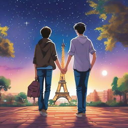 Under a starry sky, Lucas and Gabriel, two teenagers, walk side by side, their hands intertwined, reflecting the bond and affection that unites them