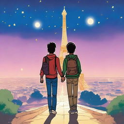 Under a starry sky, Lucas and Gabriel, two teenagers, walk side by side, their hands intertwined, reflecting the bond and affection that unites them