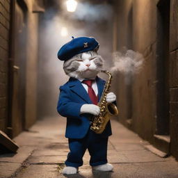 A cool cat character, wearing a beret and playing a saxophone in a dimly lit alley, a swirl of smoke encircling it from an old-fashioned cigar.