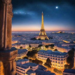 Under a starry sky, European landscapes – the Eiffel Tower, the Colosseum, and the Sagrada Família – are illuminated by the soft light of stars and twilight, symbolizing dreams and hopes