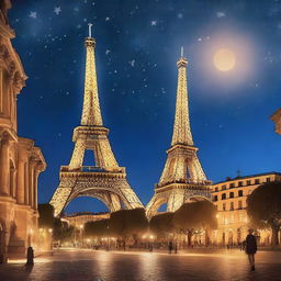 Under a starry sky, European landscapes – the Eiffel Tower, the Colosseum, and the Sagrada Família – are illuminated by the soft light of stars and twilight, symbolizing dreams and hopes