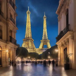 Under a starry sky, European landscapes – the Eiffel Tower, the Colosseum, and the Sagrada Família – are illuminated by the soft light of stars and twilight, symbolizing dreams and hopes