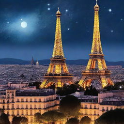 Under a starry sky, European landscapes – the Eiffel Tower, the Colosseum, and the Sagrada Família – are illuminated by the soft light of stars and twilight, symbolizing dreams and hopes