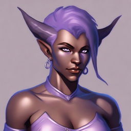 A powerful and muscular tiefling woman with lavender skin and short hair