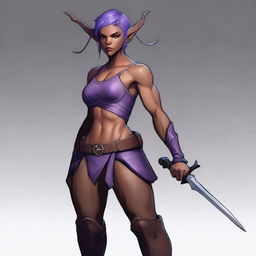 A powerful and muscular tiefling woman with lavender skin and short hair