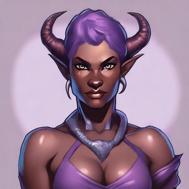 A powerful and muscular tiefling woman with lavender skin and short hair