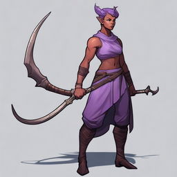 A powerful and muscular tiefling woman with lavender skin and short hair