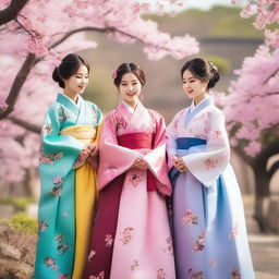 A group of Korean girls dressed in traditional Hanbok clothing, standing together in a picturesque garden with cherry blossoms in full bloom