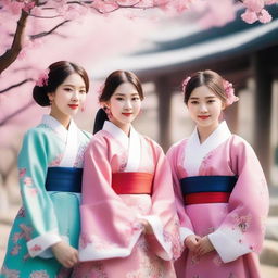 A group of Korean girls dressed in traditional Hanbok clothing, standing together in a picturesque garden with cherry blossoms in full bloom