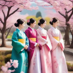 A group of Korean girls dressed in traditional Hanbok clothing, standing together in a picturesque garden with cherry blossoms in full bloom