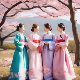 A group of Korean girls dressed in traditional Hanbok clothing, standing together in a picturesque garden with cherry blossoms in full bloom