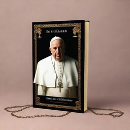 Create a book cover with a dark background mixed with bronze, featuring an image of the Pope in the center using a chain to force the faithful to obey him