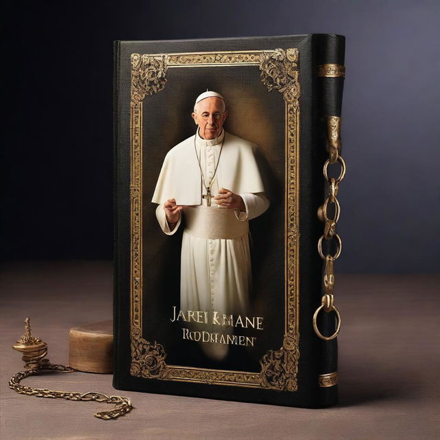 Create a book cover with a dark background mixed with bronze, featuring an image of the Pope in the center using a chain to force the faithful to obey him