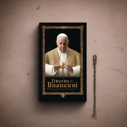 Create a book cover with a dark background mixed with bronze, featuring an image of the Pope in the center using a chain to force the faithful to obey him