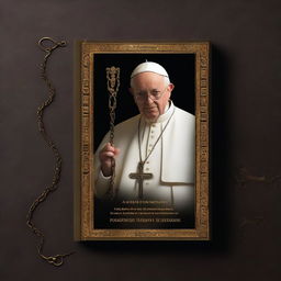 Create a book cover with a dark background mixed with bronze, featuring an image of the Pope in the center using a chain to force the faithful to obey him