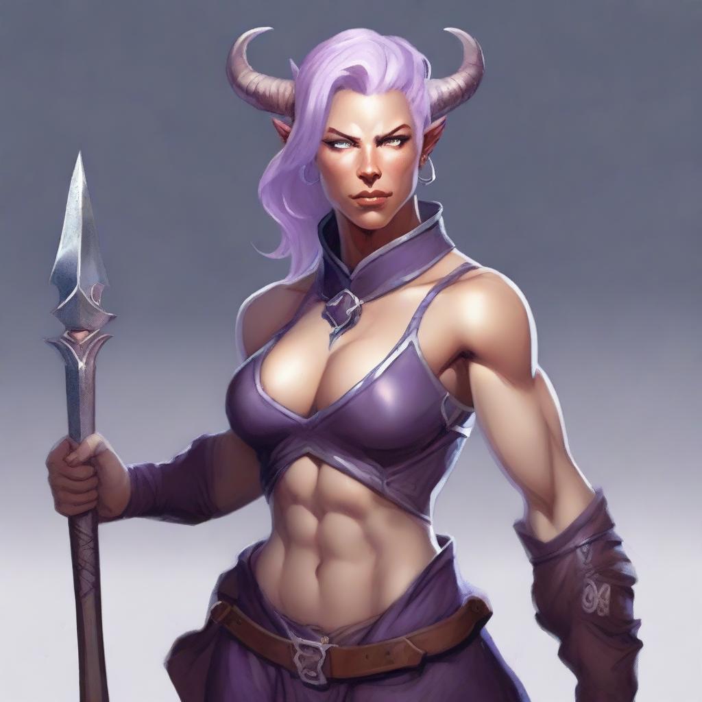 A powerful and muscular tiefling woman with light lavender skin and short, light-colored hair