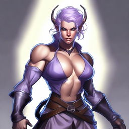 A powerful and muscular tiefling woman with light lavender skin and short, light-colored hair