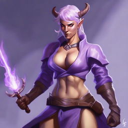 A powerful and muscular tiefling woman with light lavender skin and short, light-colored hair