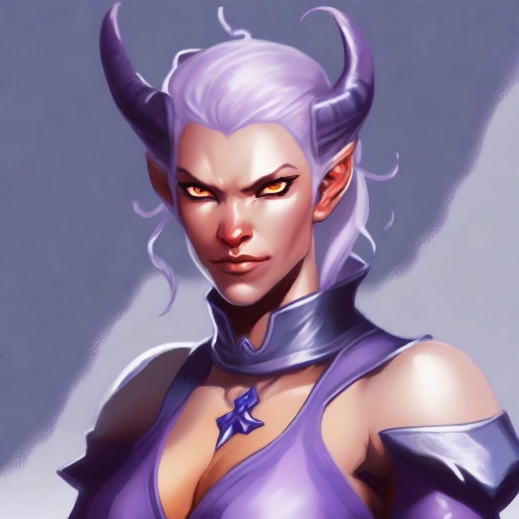 A powerful and muscular tiefling woman with light lavender colored skin and short, light-colored hair