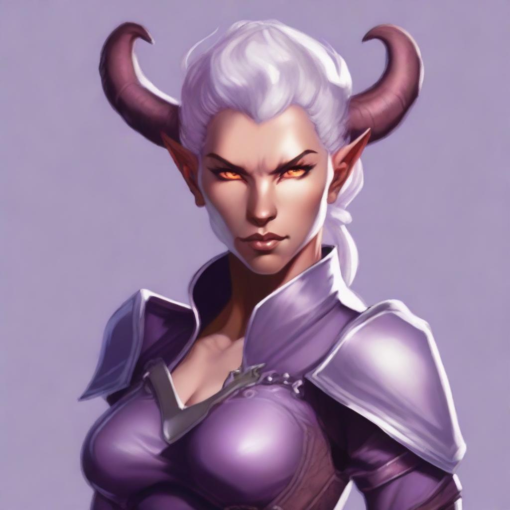 A powerful and muscular tiefling woman with light lavender colored skin and short, light-colored hair