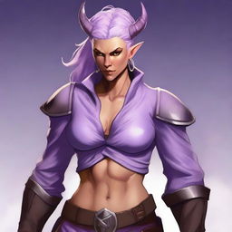 A powerful and muscular tiefling woman with light lavender colored skin and short, light-colored hair