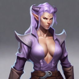 A powerful and muscular tiefling woman with light lavender colored skin and short, light-colored hair